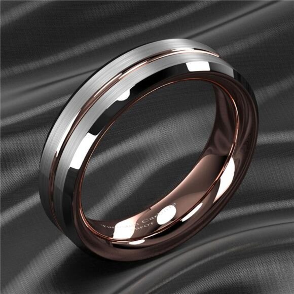 Tungsten Wedding Bands for Women 6mm Silver Brushed Rose Gold Rings - Picture 2 of 7